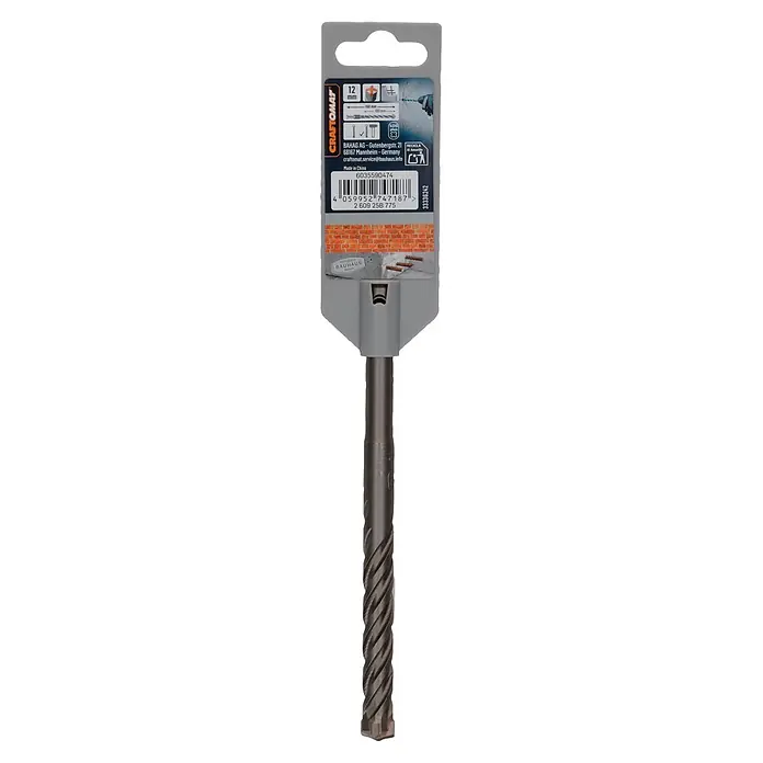 Craftomat SDS-Plus Betonbohrer - Durchmesser Bohrer: 12 mm, Arbeitslänge: 100 mm, 1 Stk. - SDS plus Hammerbohrer, 12x160mm, grauschwarz, in CrafTOMA Bauhaus Verpackung, für Beton und Armierung.