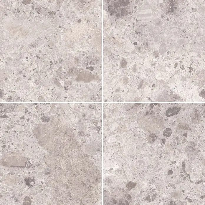 Feinsteinzeugfliese Vogue - 60 x 60 cm, Sand, Matt - Vier quadratische hellgraue Fliesen in Marmoroptik mit gesprenkeltem Muster und verschiedenen Grau- und Beigetönen.