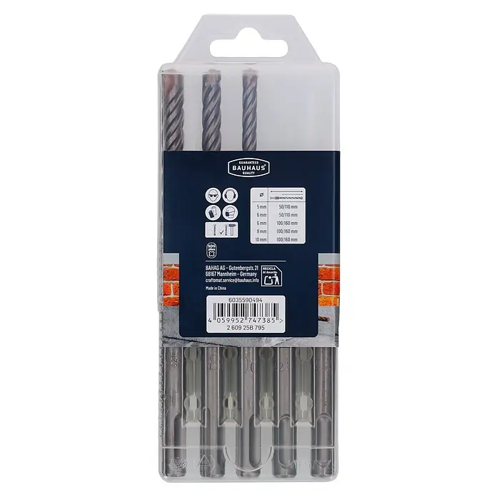 Craftomat SDS-Plus Betonbohrer-Set - 5 -tlg. - Fünf SDS Plus Bohrer in transparenter Kunststoffverpackung, verschiedene Größen.