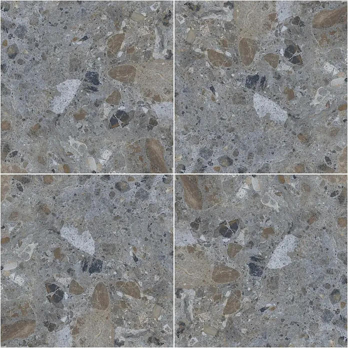 Feinsteinzeugfliese Vogue - 60 x 60 cm, Grey, Matt - Graue Terrazzo-Fliese mit braunen, weißen und dunklen Einschlüssen für Boden oder Wand.