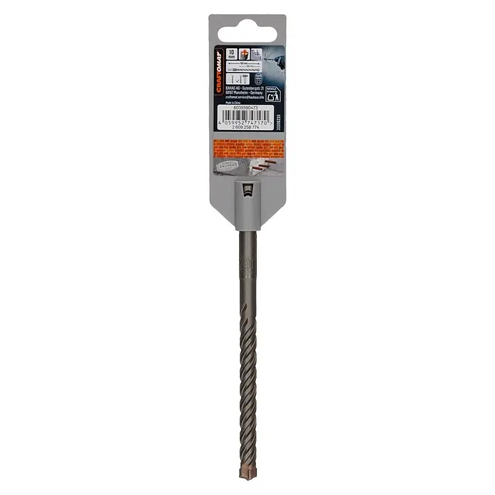 Craftomat SDS-Plus Betonbohrer - Durchmesser Bohrer: 10 mm, Arbeitslänge: 100 mm, 1 Stk. - SDS plus Hammerbohrer 10x160mm in grauer Verpackung mit Spezifikationen und Barcode.