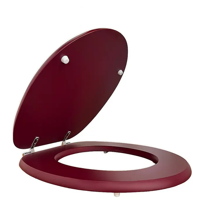 Kiamami Valentina WC-Sitz - Rot - Burgundroter Toilettensitz aus Holz mit geöffnetem Deckel.