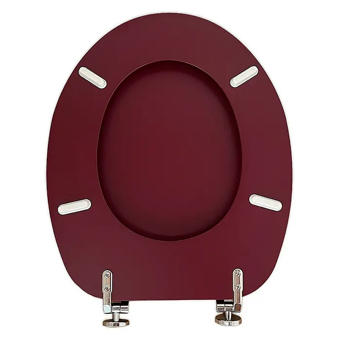 Kiamami Valentina WC-Sitz - Rot - Burgundroter Toilettensitz mit Chromscharnieren und weißen Puffern.