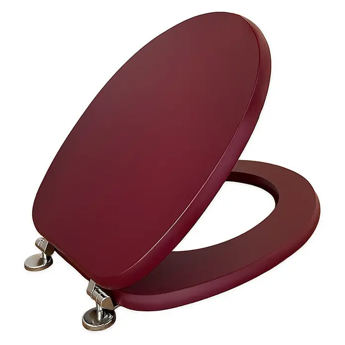 Kiamami Valentina WC-Sitz - Rot - Bordeauxroter ovaler Toilettensitz mit Chromscharnieren, Deckel teilweise geöffnet. Aus Holz.