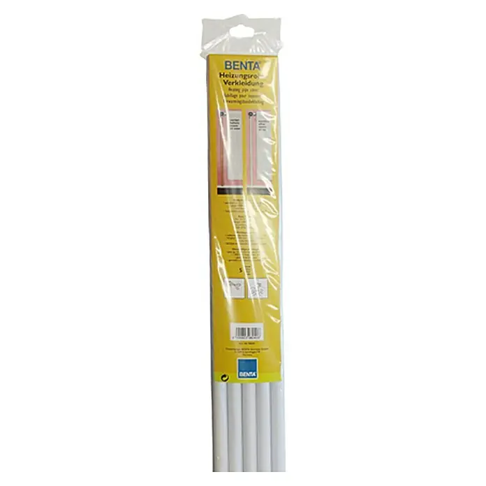 Heizungsrohrverkleidung - 5 Stk., Weiß, PVC - Abbildung einer verpackten Benta Heizungsrohrverkleidung, die 5 weiße Rohre zur Abdeckung von Heizungsrohren enthält.
