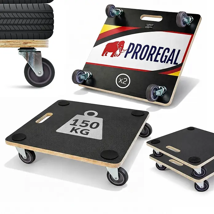 Proregal Transportroller HERCULES 2 Stück Siebdruckplatte - Traglast: 150 kg, Holz - Schwarze Transportroller aus Holz mit Gummirädern und Antirutschpads, teils für hohe Lasten.
