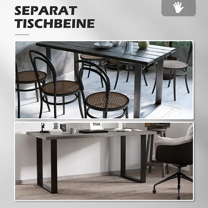 Homcom Tischgestell - L x B x H: 60 x 8 x 72 cm, Traglast: 60 kg, Stahl - Schwarze U-förmige Tischbeine aus Metall, die eine Holzplatte für Esstisch und Schreibtisch tragen.