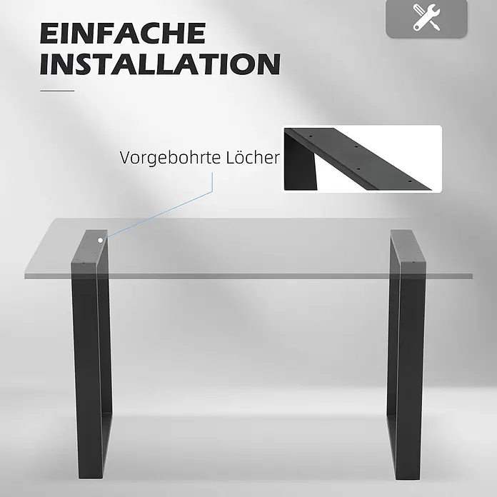 Homcom Tischgestell - L x B x H: 60 x 8 x 72 cm, Traglast: 60 kg, Stahl - Zwei schwarze Metall-Tischbeine mit vorgebohrten Löchern, die eine Glasplatte tragen, für einfache Montage.