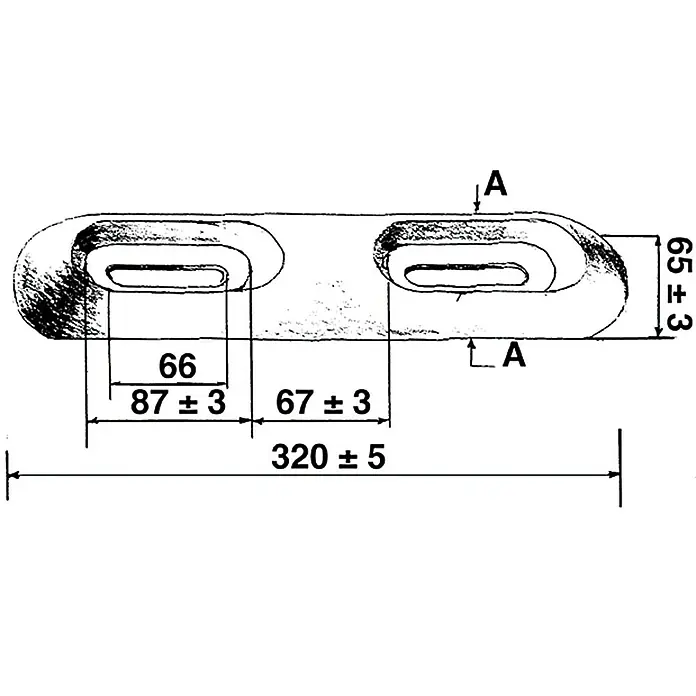 Talamex Rumpfanode - Aluminium, 1 kg, Süß- & Brackwasser, 320 x 65 x 35 mm, Schrauben - Technische Zeichnung eines länglichen Bauteils mit rechteckigen Aussparungen und Bemaßungen.