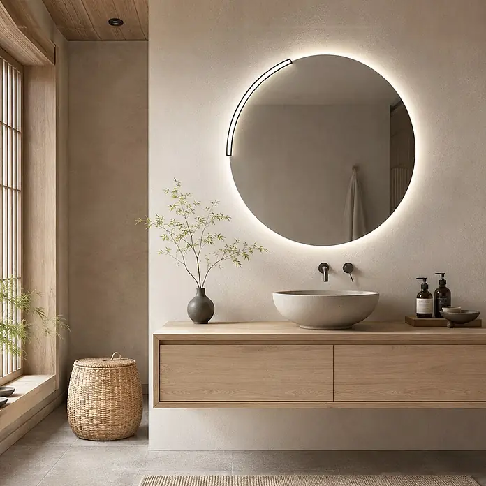 Espejo con luz Siro - Diámetro: 80 cm, Negro - Mueble de baño flotante de madera clara con lavabo de piedra y espejo redondo retroiluminado, en un baño moderno y sereno.