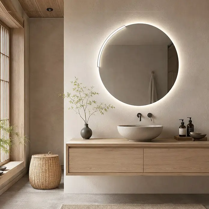Espejo con luz Siro - Diámetro: 80 cm, Cromo - Baño minimalista con espejo redondo retroiluminado, mueble flotante de madera natural, lavabo de sobreponer claro y grifería negra.