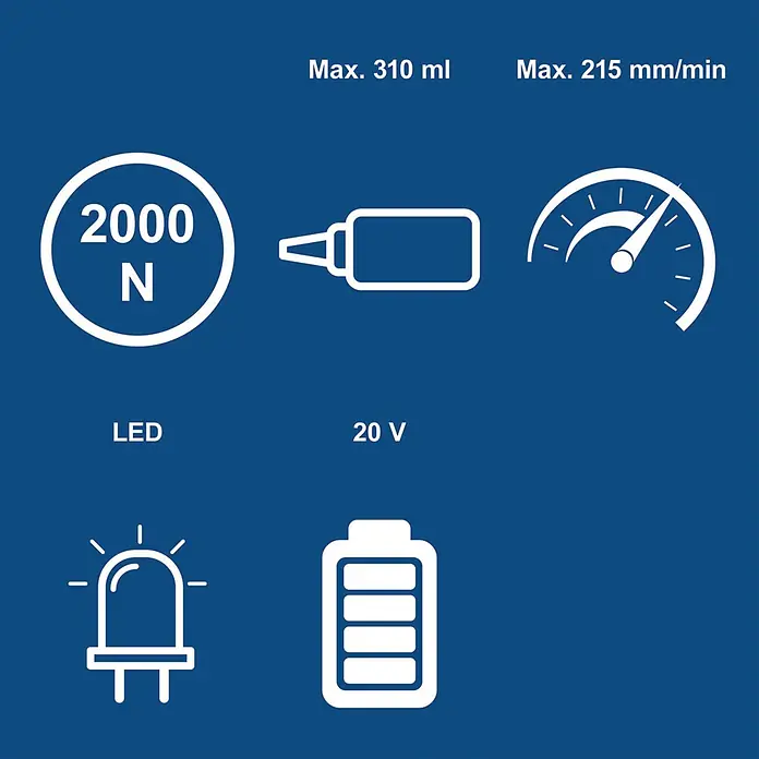Scheppach IXES 20V Akku-Kartuschenpresse C-SEG310-X - 20 V, Ohne Akku - Grafik mit Produktspezifikationen: 2000N Kraft, 310ml Kapazität, 215mm/min Geschwindigkeit, LED, 20V Akku.
