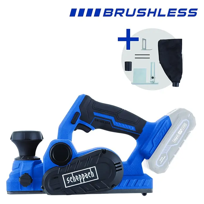 Scheppach IXES 20V Akku-Hobel BC-PLM82-X - 20 V, Ohne Akku, Hobeltiefe: 0 mm - 2 mm, Leerlaufdrehzahl: 15.000 U/min - Blauer und schwarzer Akku-Hobel mit grauem Akku, inklusive Staubbeutel und Zubehör.