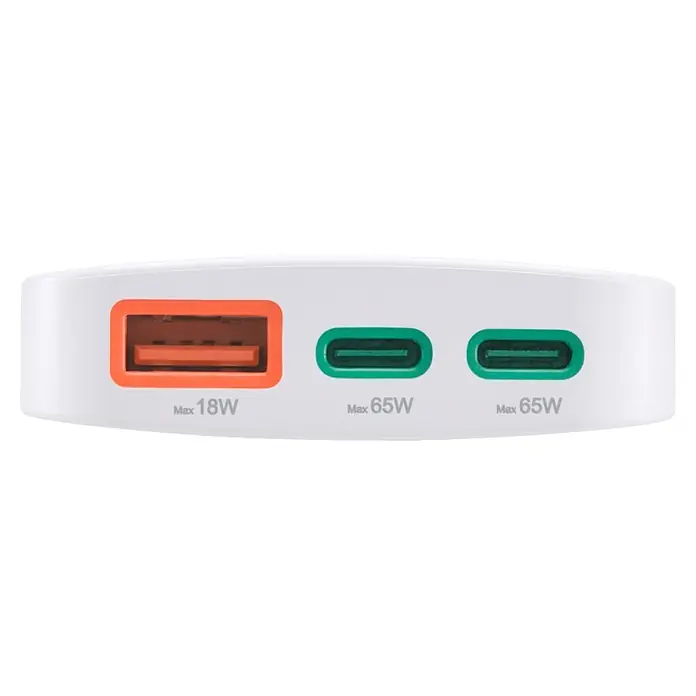 Hama Cargador rápido 00201976 - Blanco - Cargador USB blanco con un puerto USB-A naranja de 18W y dos puertos USB-C verdes de 65W.