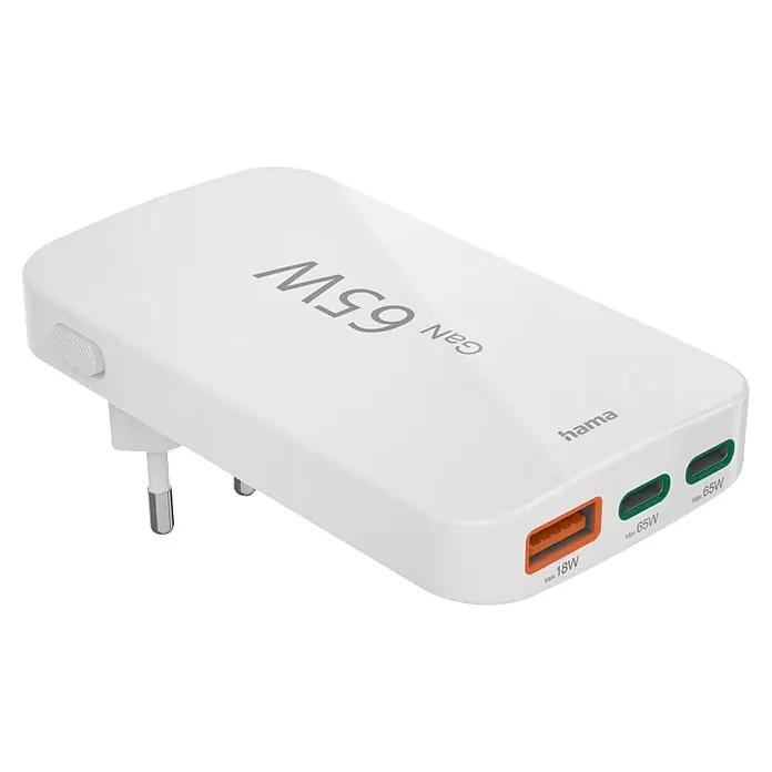 Hama Cargador rápido 00201976 - Blanco - Cargador Hama GaN 65W blanco con un puerto USB-A (18W) y dos puertos USB-C (65W), con clavijas de enchufe europeas.