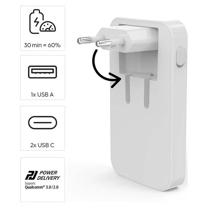 Hama Cargador rápido 00201976 - Blanco - Adaptador de corriente blanco plegable con enchufes UE, con puertos USB-A y USB-C para carga rápida.