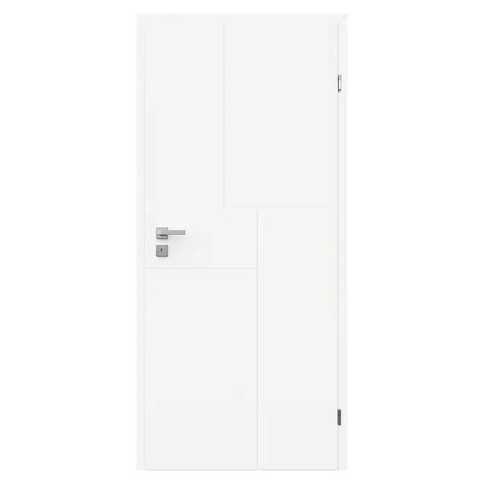 Classen PL Zimmertür Tessa - 860 x 1.985 mm, DIN Anschlag: Rechts, Verkehrsweiß, Wabe - Moderne weiße Innentür mit minimalistischem Paneeldesign und silbernem Griff und Schloss.