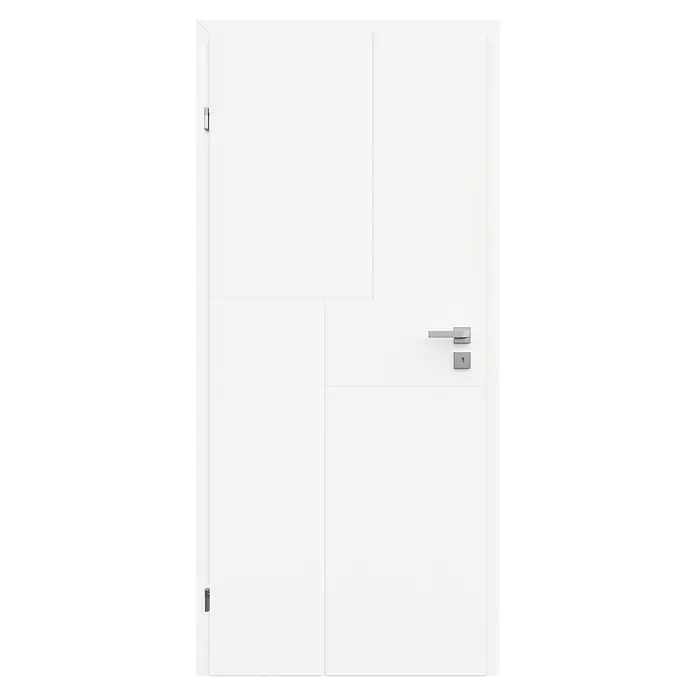 Classen PL Zimmertür Tessa - 735 x 1.985 mm, DIN Anschlag: Links, Verkehrsweiß, Wabe - Moderne weiße Innentür mit geometrischen Paneelen und einem silbernen Griff mit Schloss.