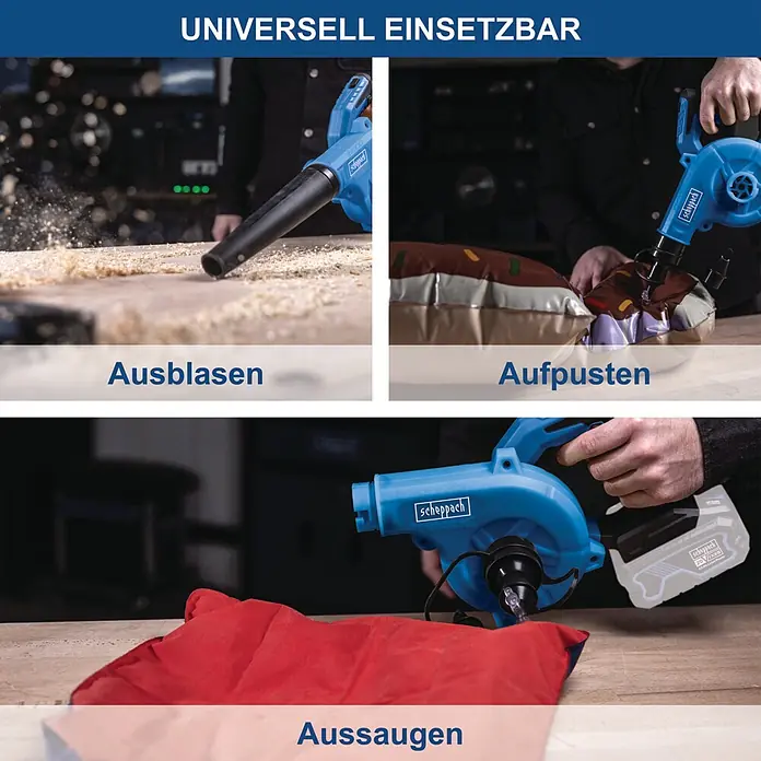 Scheppach IXES 20V Akku-Gebläse C-WBL180-X - 20 V, Ohne Akku - Blaues Scheppach Akku-Gebläse/Sauger mit 3 Funktionen: Blasen von Sägemehl, Aufblasen und Absaugen.
