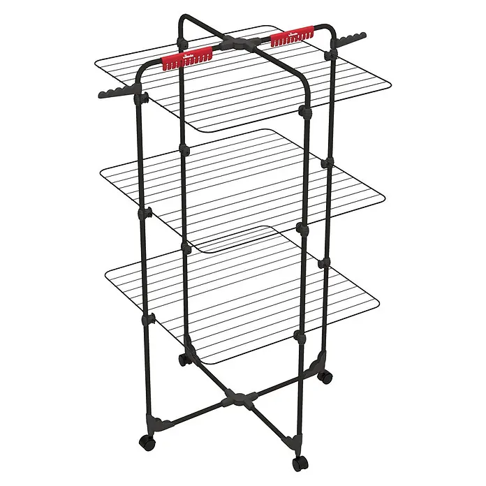 Vileda Turm-Wäscheständer Mixer 3 Ultimate - Länge Wäscheleine: 30 m, L x B x H: 69 x 74 x 132 cm, Schwarz - Schwarzer, mehrstöckiger Vileda Wäscheständer mit roten Kleiderbügelhaltern und Rollen.