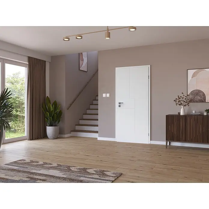 Classen PL Zimmertür Tessa - 860 x 1.985 mm, DIN Anschlag: Rechts, Verkehrsweiß, Wabe - Weiße Innentür mit modernen geometrischen Paneelen und silbernem Griff in einem zeitgenössischen Wohnambiente.