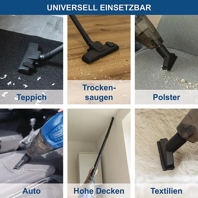 Scheppach IXES 20V Akku-Handstaubsauger C-HVC150-X - 20 V, Ohne Akku, Behältervolumen: 0,56 l - Vielseitiger Staubsauger mit verschiedenen Aufsätzen, reinigt Teppiche, Böden, Polster, Autos, hohe Decken und Textilien.