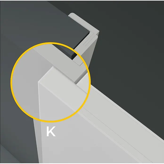 Classen PL Zimmertür Tessa - 860 x 1.985 mm, DIN Anschlag: Rechts, Verkehrsweiß, Wabe - Hellgraues Eckprofil-Verbindungsstück, das zwei Sektionen verbindet und ein dunkelgraues Paneel hält.