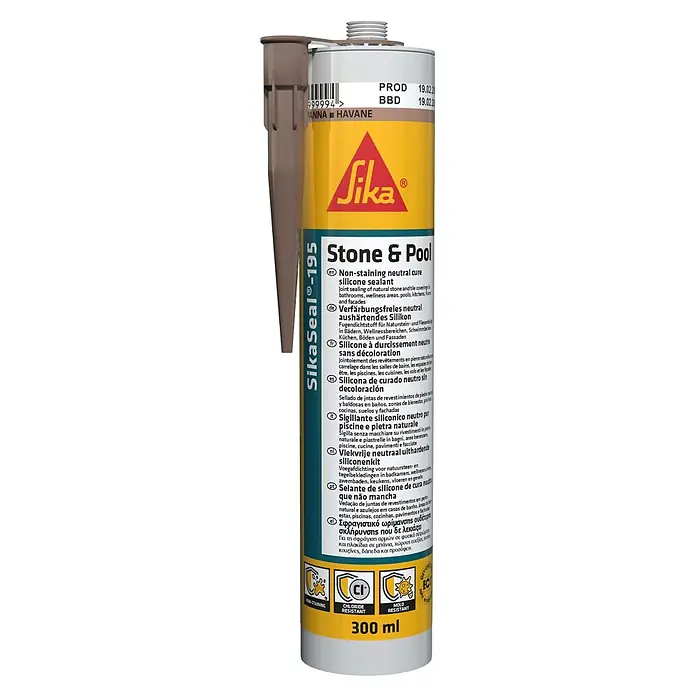 Sika Fugendichtstoff Sikaseal 195 - Weiß, 300 ml - Gelbe, weiße und türkise SikaSeal-195 Stone & Pool Silikondichtstoff-Kartusche mit brauner Düse.