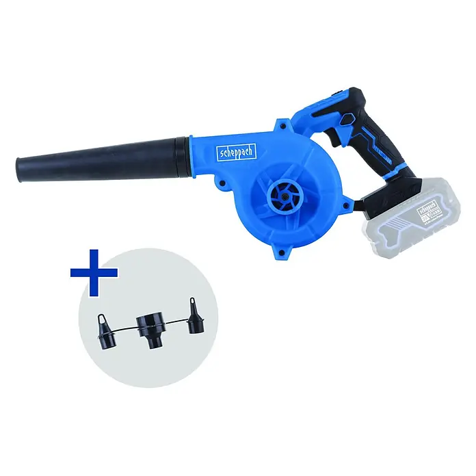 Scheppach IXES 20V Akku-Gebläse C-WBL180-X - 20 V, Ohne Akku - Blau-schwarzer Akku-Laubbläser mit grauem Akku und drei schwarzen Düsen als Zubehör.