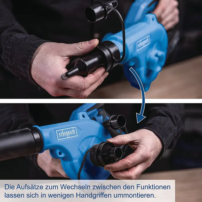 Scheppach IXES 20V Akku-Gebläse C-WBL180-X - 20 V, Ohne Akku - Eine Person demonstriert das Anbringen und Abnehmen eines schwarzen Aufsatzes an einem blauen Scheppach Gebläse für verschiedene Funktionen.