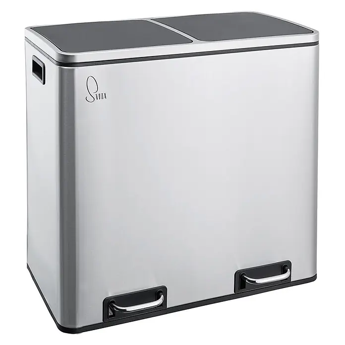 SVITA Treteimer TM2X24 - 48 l, Metall, Silber - Rechteckiger Edelstahl-Doppelmülleimer mit schwarzen Deckeln, zwei Fußpedalen und seitlichen Griffen.