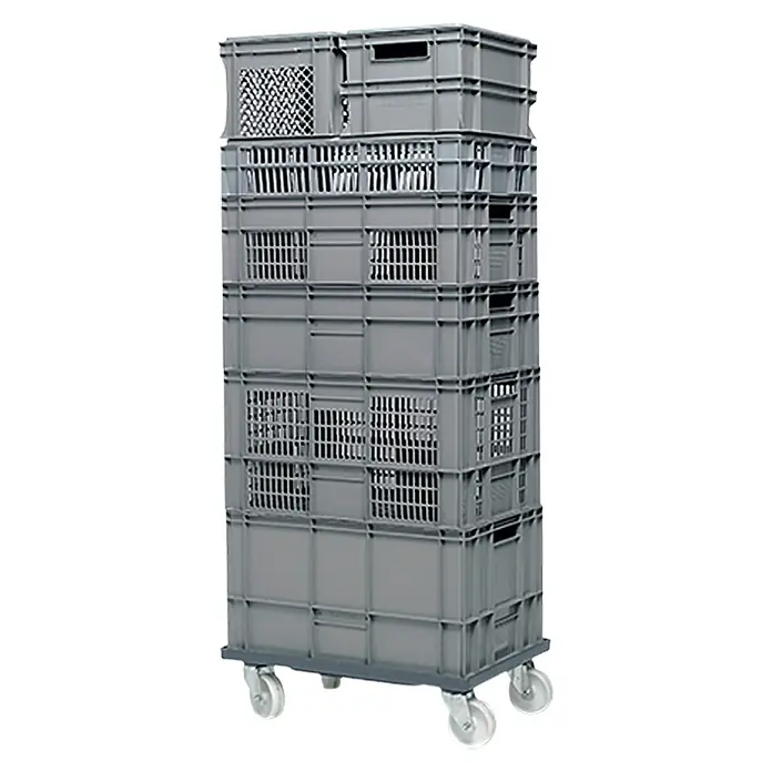 BAUHAUS Transportroller für Euroboxen - L x B x H: 62 cm x 42 cm x 16 mm, Traglast: 250 kg, Kunststoff - Graue, hoch gestapelte Kunststoffbehälter auf Rollen für Transport. Perfekt für Lagerung & Logistik, robust & leicht zu reinigen.