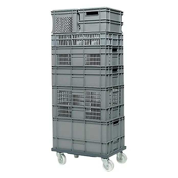 BAUHAUS Transportroller für Euroboxen - L x B x H: 62 cm x 42 cm x 16 mm, Traglast: 250 kg, Kunststoff - Graue, hoch gestapelte Kunststoffbehälter auf Rollen für Transport. Perfekt für Lagerung & Logistik, robust & leicht zu reinigen.