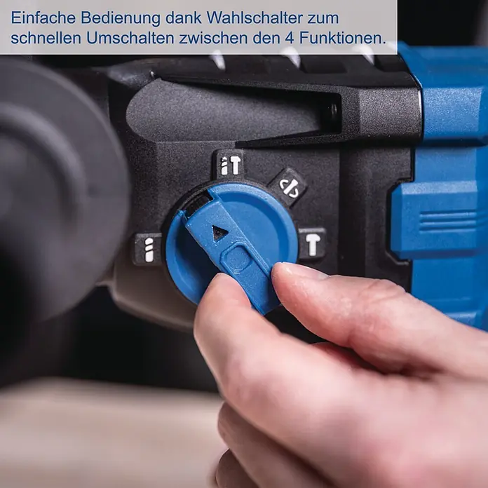 Scheppach IXES 20V Akku-Kombihammer - 20 V, Ohne Akku, 2,8 J - Eine Hand verstellt den blauen Funktionswahlschalter eines schwarz-blauen Elektrowerkzeugs, um die Funktionen zu wechseln.