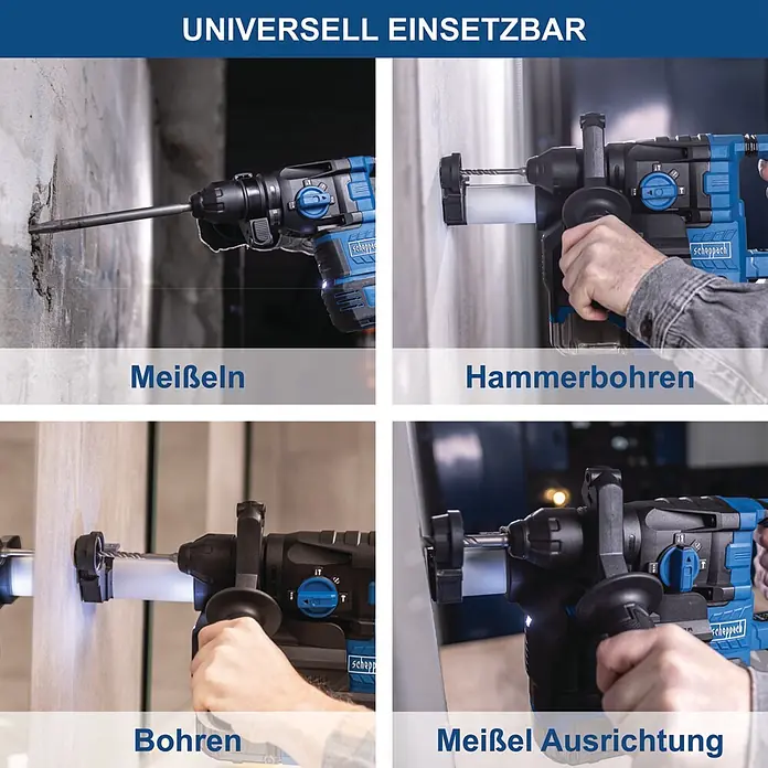 Scheppach IXES 20V Akku-Kombihammer - 20 V, Ohne Akku, 2,8 J - Ein blauer und schwarzer Bohrhammer im Einsatz, der Meißel-, Hammerbohr- und Bohrfunktionen demonstriert.