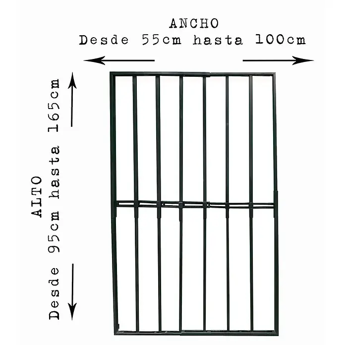 Adaptta Fenstergitter ausziehbar 55×95–100×165 cm, schwarz - B x H: 55 x 95 cm, Auszugslänge: 165 cm, Montage Fenstergitter: Fensterlaibungsmontage - Verstellbares dunkelgrünes Metall-Sicherheitsgitter mit vertikalen Stäben.