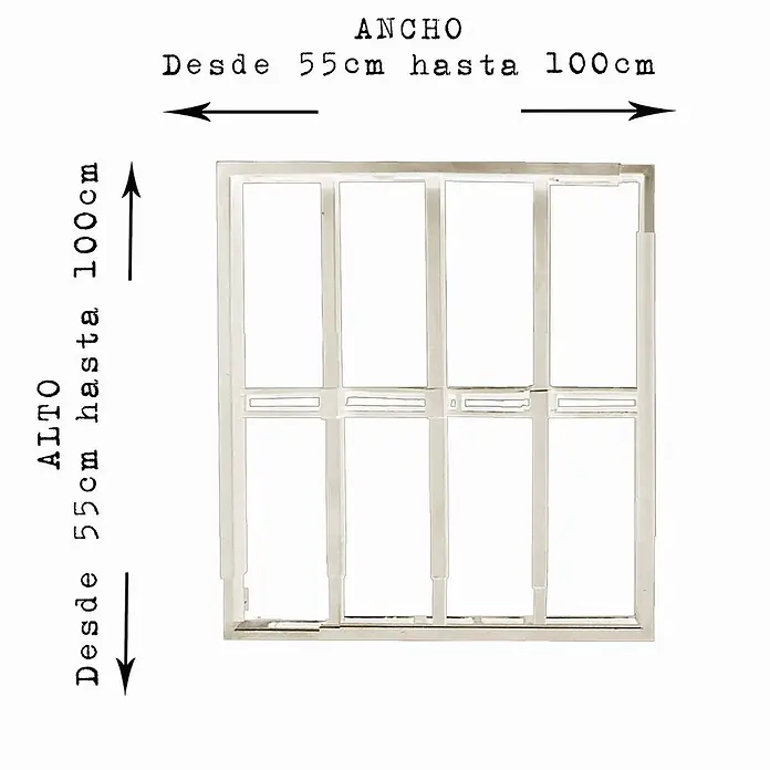 Adaptta Fenstergitter ausziehbar 55×55–100×100 cm, weiß - B x H: 55 x 55 cm, Auszugslänge: 100 cm, Montage Fenstergitter: Fensterlaibungsmontage - Heller Fensterrahmen mit acht Scheiben, anpassbarer Breite und Höhe von 55cm bis 100cm.