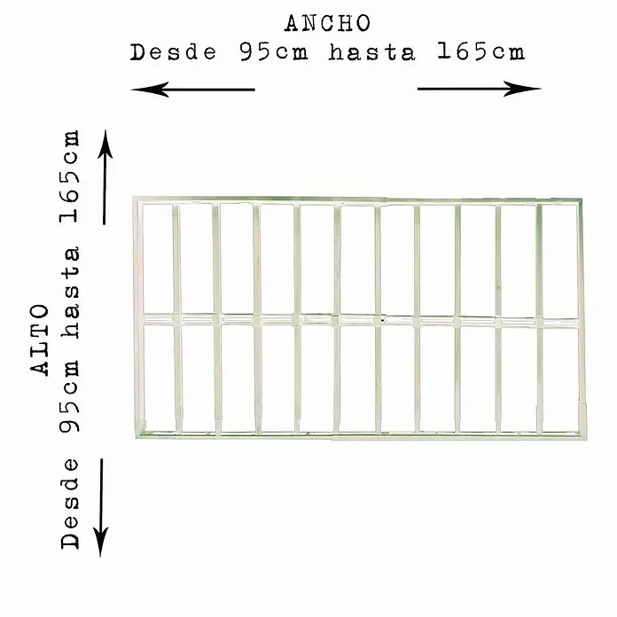 Adaptta Fenstergitter ausziehbar 95×95–165×165 cm, weiß - B x H: 95 x 95 cm, Auszugslänge: 165 cm, Montage Fenstergitter: Fensterlaibungsmontage - Verstellbares hellgraues Metall-Sicherheitsgitter mit vertikalen Stäben, in Breite und Höhe variabel.