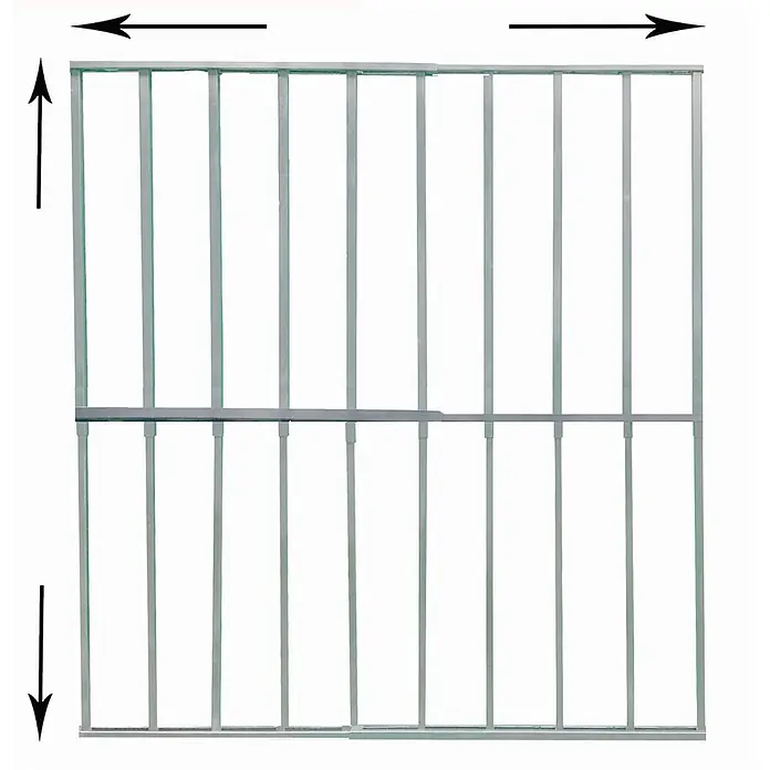 Adaptta Fenstergitter ausziehbar 95×95–165×165 cm, weiß - B x H: 95 x 95 cm, Auszugslänge: 165 cm, Montage Fenstergitter: Fensterlaibungsmontage - Ausziehbares graues Metallschutzgitter mit vertikalen Stangen und einer zentralen horizontalen Stützstange.