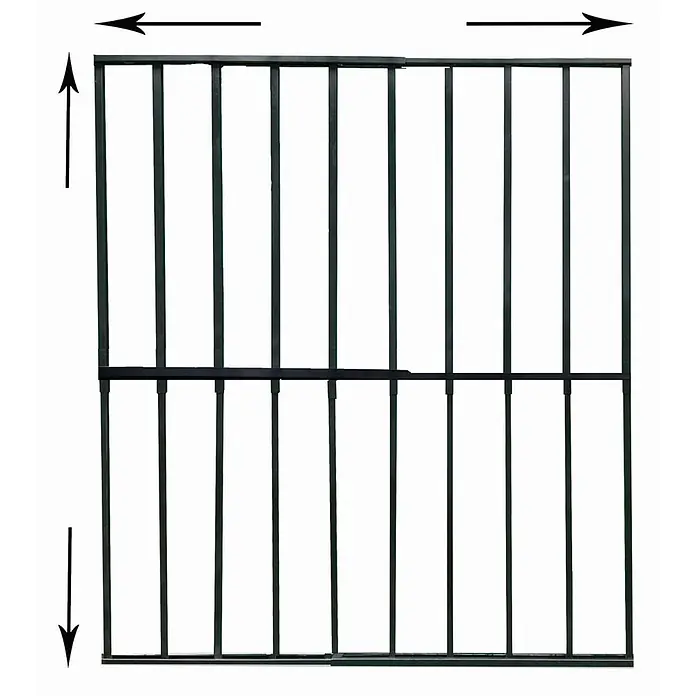 Adaptta Fenstergitter ausziehbar 95×95–165×165 cm, schwarz - B x H: 95 x 95 cm, Auszugslänge: 165 cm, Montage Fenstergitter: Fensterlaibungsmontage - Schwarzes Metallgitterpaneel für Gartenzaun oder Spalier, mit mehreren vertikalen Stäben und zwei horizontalen Streben.