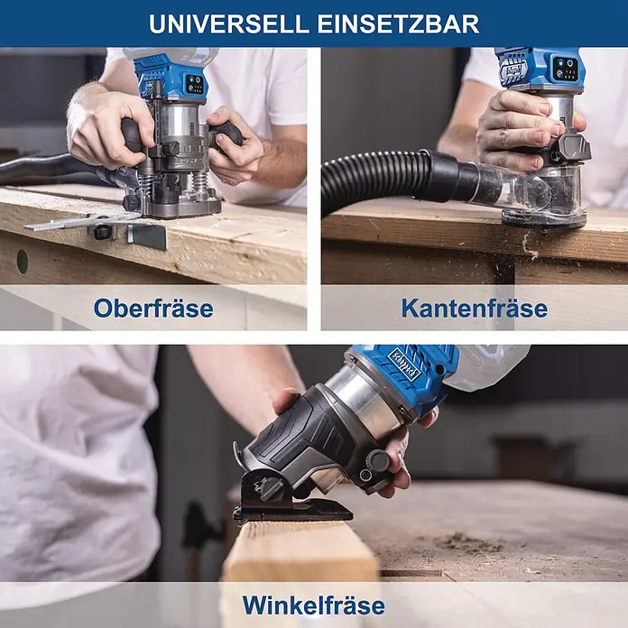 Scheppach IXES 20V Akku-Oberfräse BC-EHR24-X - 20 V, Ohne Akku, 10.000 U/min - 30.000 U/min, 8 mm - Blau-graue Akku-Oberfräse in drei Anwendungen: Tauchfräsen, Kantenfräsen und Winkelfräsen auf Holz.