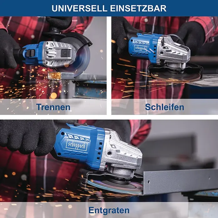 Scheppach IXES 20V Akku-Winkelschleifer BC-AG125P-X - 20 V, Ohne Akku, 7.000 U/min - 10.000 U/min - Blaue und silberne Scheppach Winkelschleifer beim Trennen, Schleifen und Entgraten von Metall, Funken sprühend.