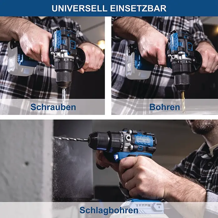 Scheppach IXES 20V Akku-Schlagbohrschrauber BC-CD70SC-X - 20 V, Ohne Akku, 70 Nm - Eine Person verwendet einen blau-schwarzen Akku-Bohrschrauber zum Schrauben, Bohren und Schlagbohren.