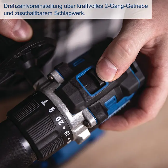 Scheppach IXES 20V Akku-Schlagbohrschrauber BC-CD70SC-X - 20 V, Ohne Akku, 70 Nm - Hand hält schwarzen, blauen Akkuschrauber mit Gangschalter und Drehmomenteinstellung. Integriertes 2-Gang-Getriebe und Schlagwerk.