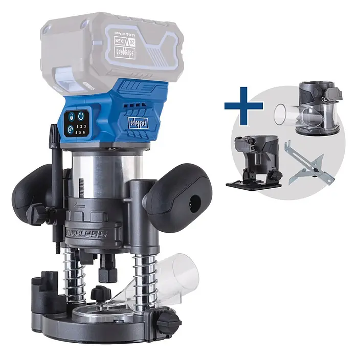 Scheppach IXES 20V Akku-Oberfräse BC-EHR24-X - 20 V, Ohne Akku, 10.000 U/min - 30.000 U/min, 8 mm - Scheppach Akku-Oberfräse in Blau und Grau mit bürstenlosem Motor, gezeigt mit 20V Akku und zusätzlichem Zubehör für Staubabsaugung und Führung.