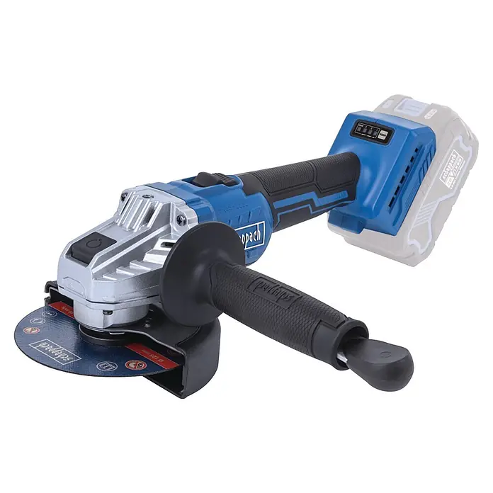 Scheppach IXES 20V Akku-Winkelschleifer BC-AG125P-X - 20 V, Ohne Akku, 7.000 U/min - 10.000 U/min - Akku-Winkelschleifer von Scheppach, blau-silber, mit schwarzem Zusatzhandgriff, Trennscheibe und 20V bürstenlosem Akku.