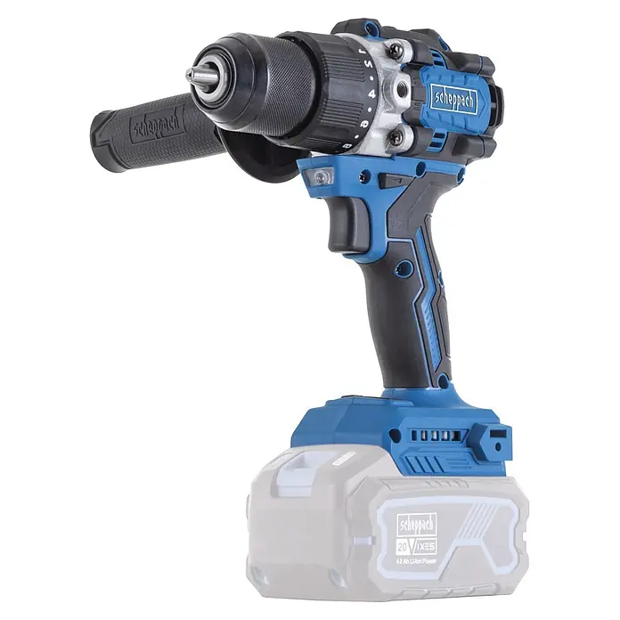 Scheppach IXES 20V Akku-Schlagbohrschrauber BC-CD70SC-X - 20 V, Ohne Akku, 70 Nm - Blaue und schwarze Akku-Bohrmaschine mit grauem Akku und verstellbarem Seitenhandgriff.