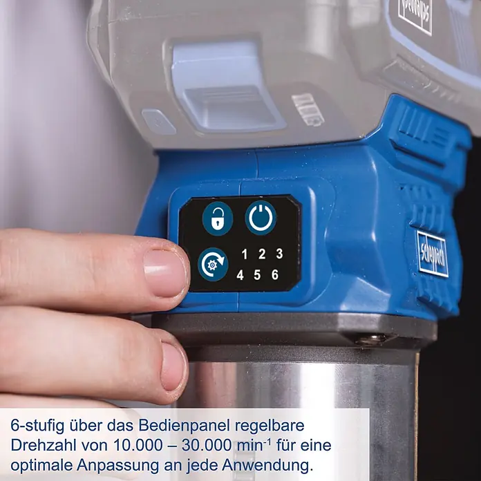 Scheppach IXES 20V Akku-Oberfräse BC-EHR24-X - 20 V, Ohne Akku, 10.000 U/min - 30.000 U/min, 8 mm - Hand bedient Bedienfeld des blau-grauen Elektrowerkzeugs mit 6-stufiger Drehzahlanzeige.