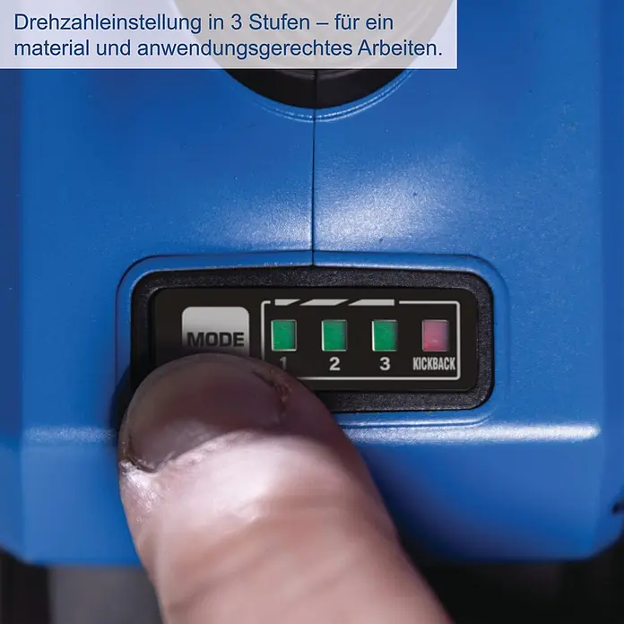 Scheppach IXES 20V Akku-Winkelschleifer BC-AG125P-X - 20 V, Ohne Akku, 7.000 U/min - 10.000 U/min - Blaues Elektrowerkzeug-Bedienfeld mit 3 Geschwindigkeitseinstellungen und Kickback-Anzeige. Ein Finger passt die Einstellungen an.