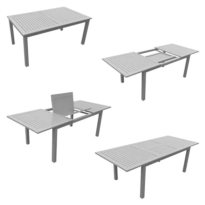 Happy Garden Gartentisch-Set CAPRI - Gesamtumfang: 9 -tlg., Aluminium - Hellgrauer rechteckiger ausziehbarer Gartentisch, in vier Stufen (geschlossen, ausziehend, vollständig ausgefahren) dargestellt, mit Lattenplatte.